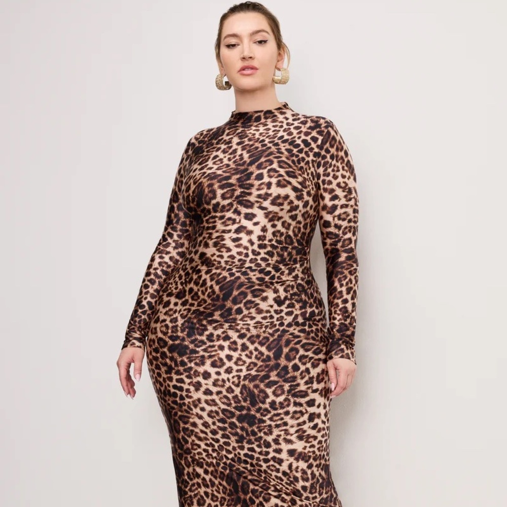 Good American Leopard SATIN SHINE MIDI DRESS